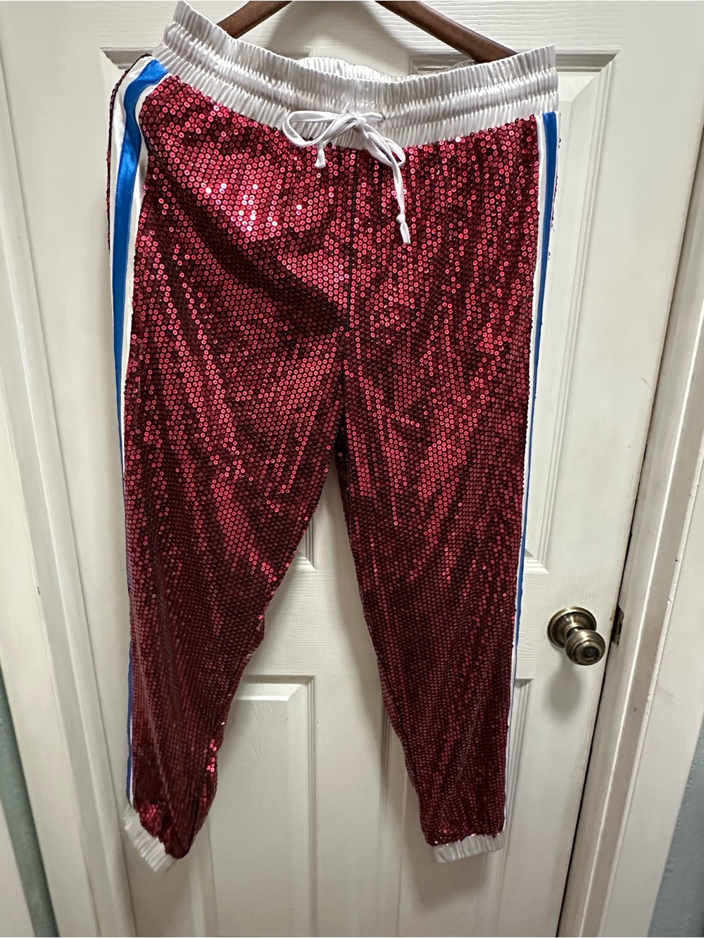 Fashion Nova Red Sequin Joggers with White Waistband and Blue Side Stripes